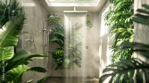 A tranquil and eco-friendly bathroom shower surrounded by lush greenery, embodying a natural oasis.
