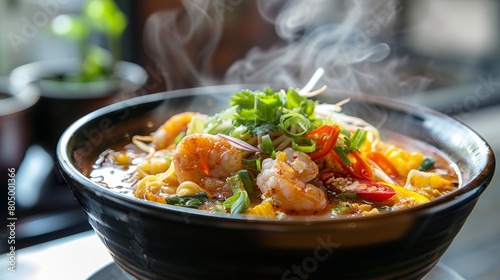 A steaming bowl of assam laksa, featuring thick yellow noodles, fish slices, vegetables, and a rich, slightly sour assam (tamarind) broth.Malay food photo