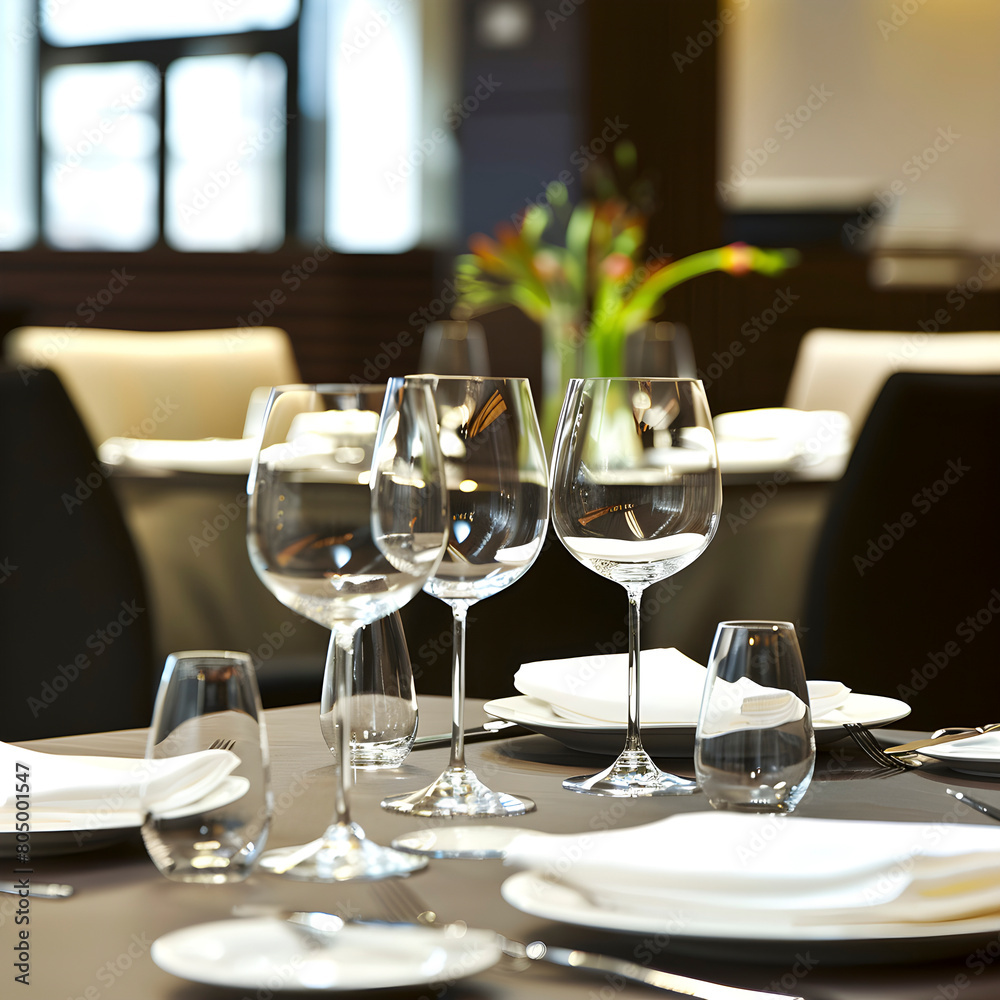 Sophisticated table arrangement with wine glasses, plates, and cutlery in a luxury dining environment Sophisticated table arrangement with wine glasses, plates, and cutlery in a luxury dining environment