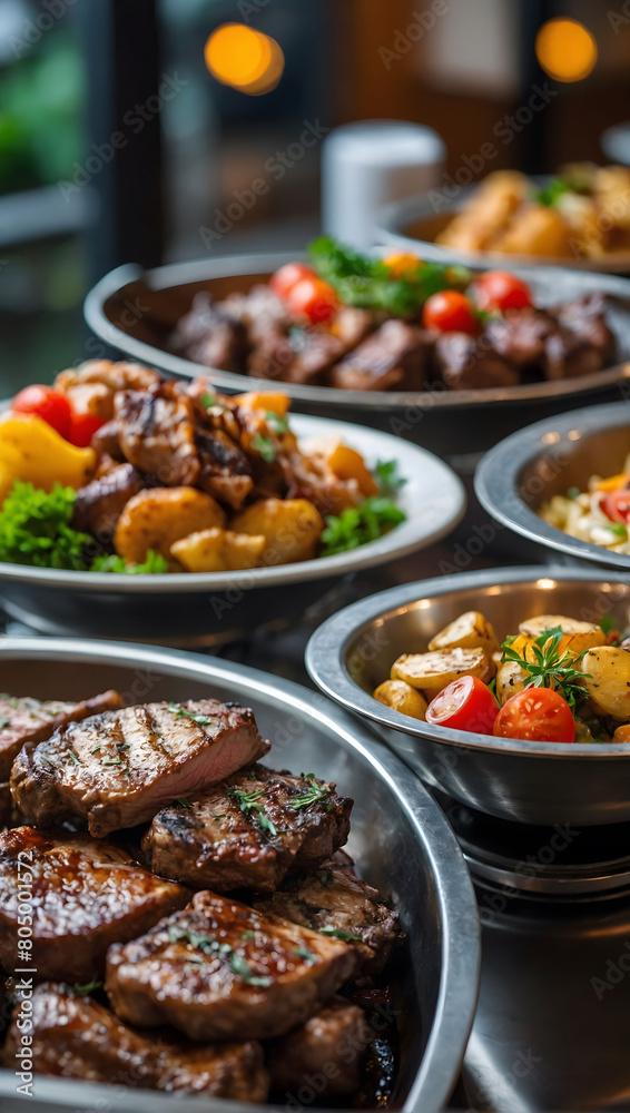 Culinary Delight, Catering Buffet Indoor at Restaurant, Showcasing Grilled Meat Selection.