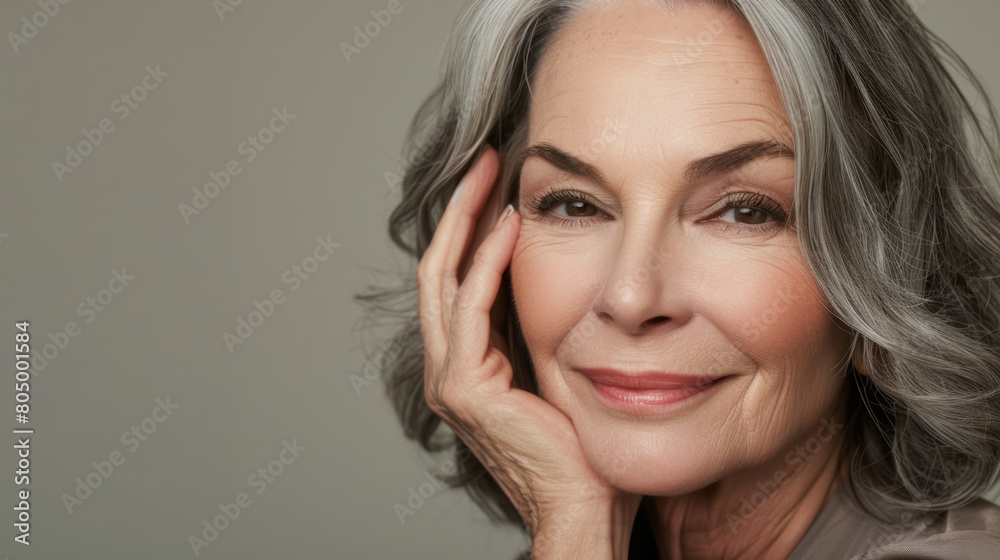 Fototapeta premium Radiant senior woman with grey hair smiling confidently with hand on cheek.