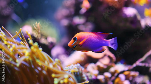 A vibrant royal gramma fish swimming in the tranquility of a coral reef aquarium. photo