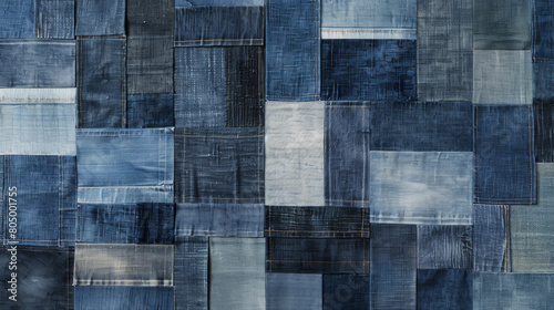 Textured patchwork of assorted blue denim fabric showcasing fashion and sustainability.