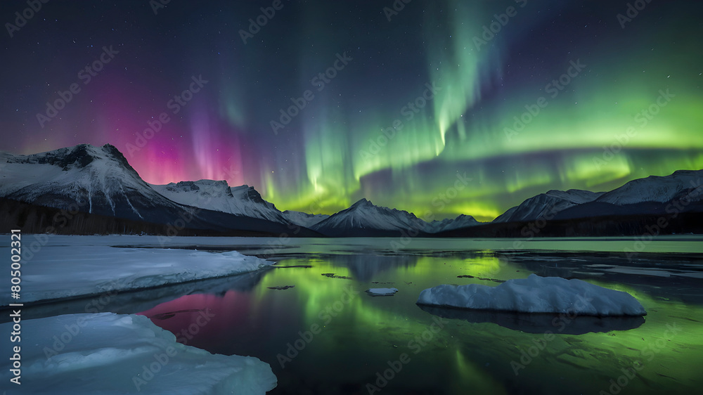 Aurora borealis over a frozen lake.