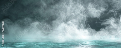 Misty grey smoke abstract background against a bright teal floor, subtle and sophisticated.