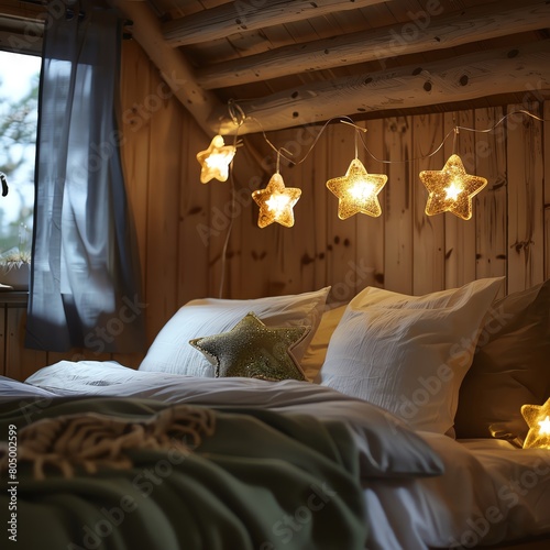A rustic bedroom with starthemed decor and starshaped lights photo