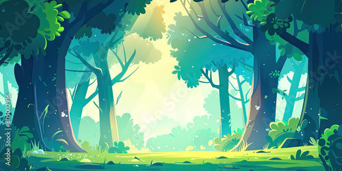 Cartoon forest, anime backgrounds colorful wide banner background backdrop, graphic resource nature, generated ai © dan