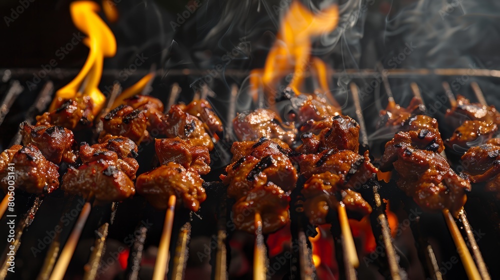 satay skewers as they cook on the grill satay skewers as they cook on the grill