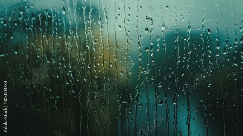 Close-up of raindrops on transparent glass.Blurred background of a silhouette landscape, blurred background of city lights.The texture of wet glass. Abstract background.