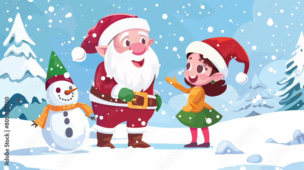 Santa claus and elf woman with snowman Vector illustration