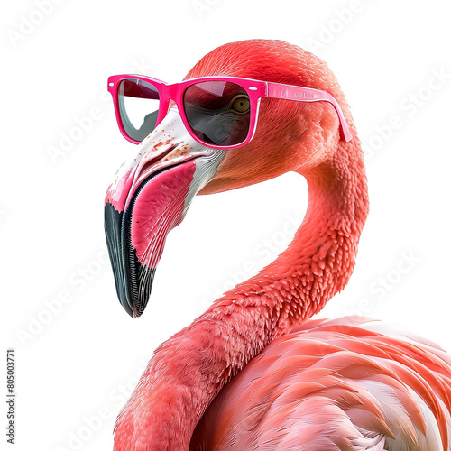 A flamingo wearing sunglasses and a hat