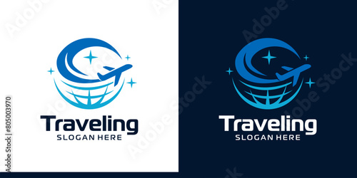 Traveling Logo design. Globe logo with airplane design graphic symbol icon vector