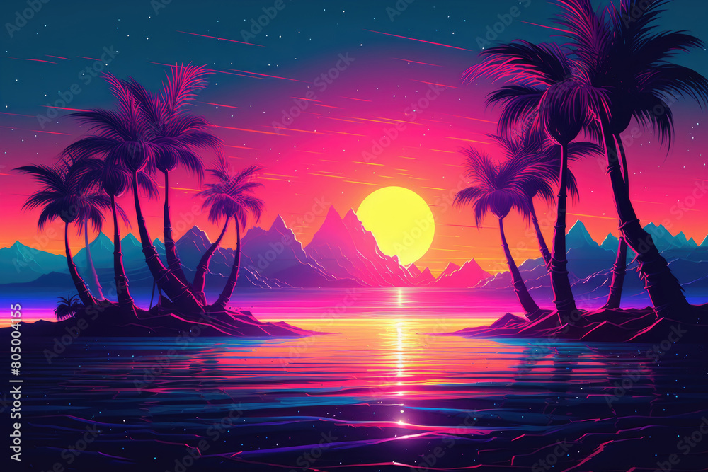 A painting capturing a vibrant sunset with silhouetted palm trees against the colorful sky, reflecting on the water
