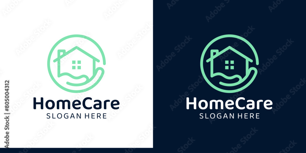 Fototapeta premium Home care logo design. House building logo with hand design graphic symbol icon vector.