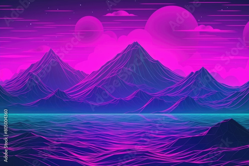 A painting depicting a mountain range under a pink sky