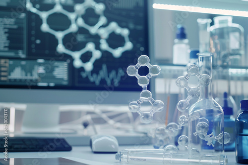 Biomedical engineering workspace, close-up on molecular structure analysis for disease cure, copy space 