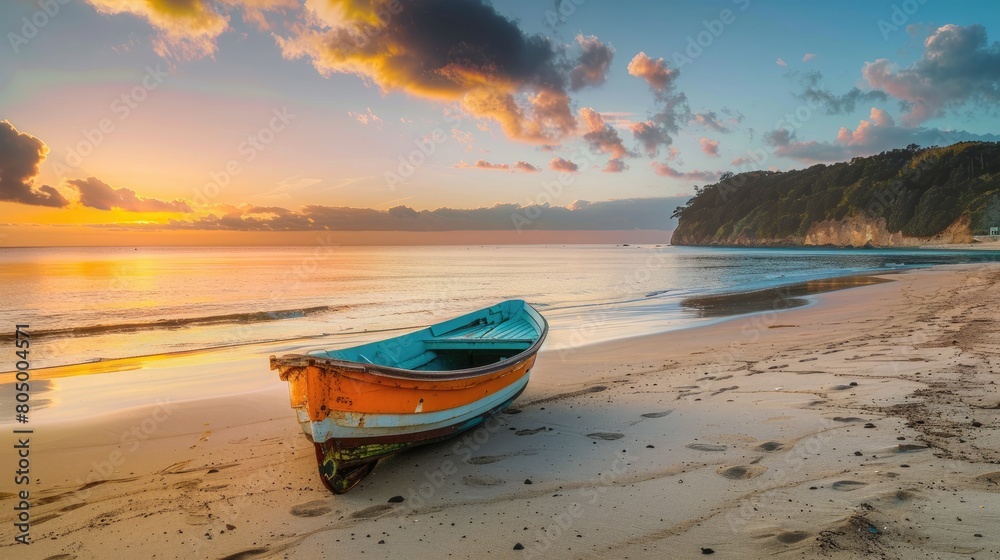  Solitude at Sunrise: Fishing Boat on Secluded Japanese Island