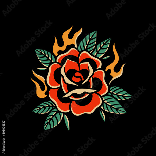 old school rose tattoo with fire illustration (ID: 805004537)