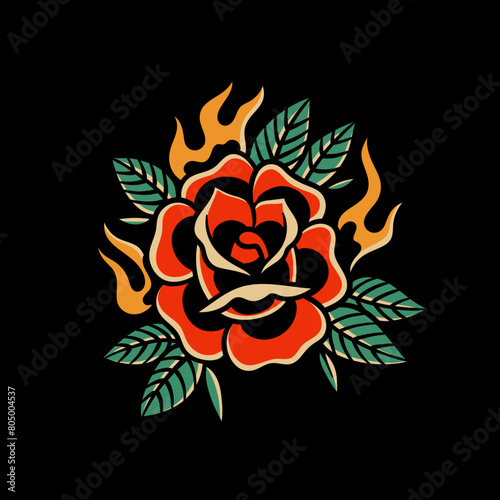 old school rose tattoo with fire illustration