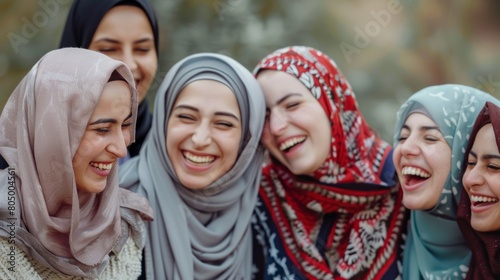 A group of Muslim women in hijab laughing together, showcasing the joy and camaraderie found in friendship