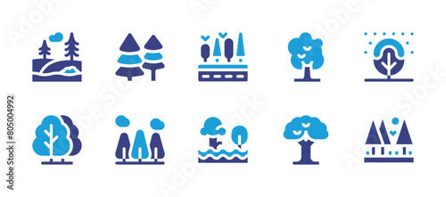 Forest icon set. Duotone color. Vector illustration. Containing forest  field  flood  tree  road  pine.