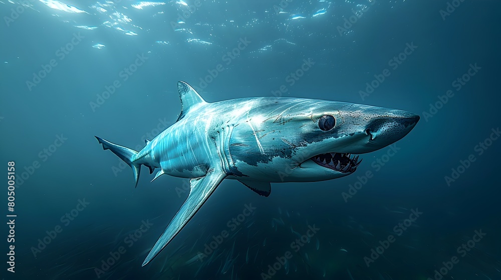 Apex Predator Shark Gliding Effortlessly Through the Open Ocean Its Streamlined Body Cutting Apex Predator Shark Gliding Effortlessly Through the Open Ocean Its Streamlined Body Cutting