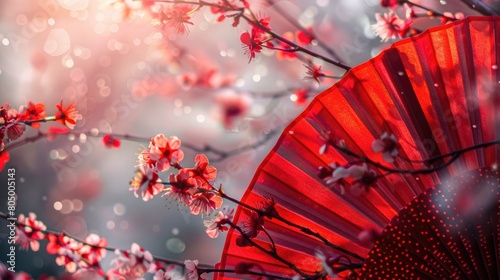 Vibrant red fans and cherry blossom branches on an abstract background