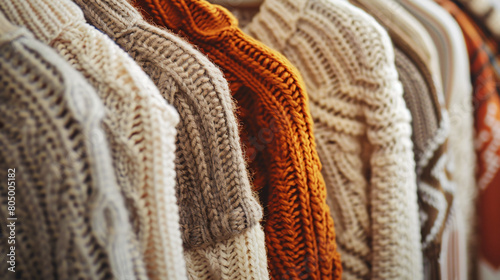 Warm knitted sweaters hanging in wardrobe closeup