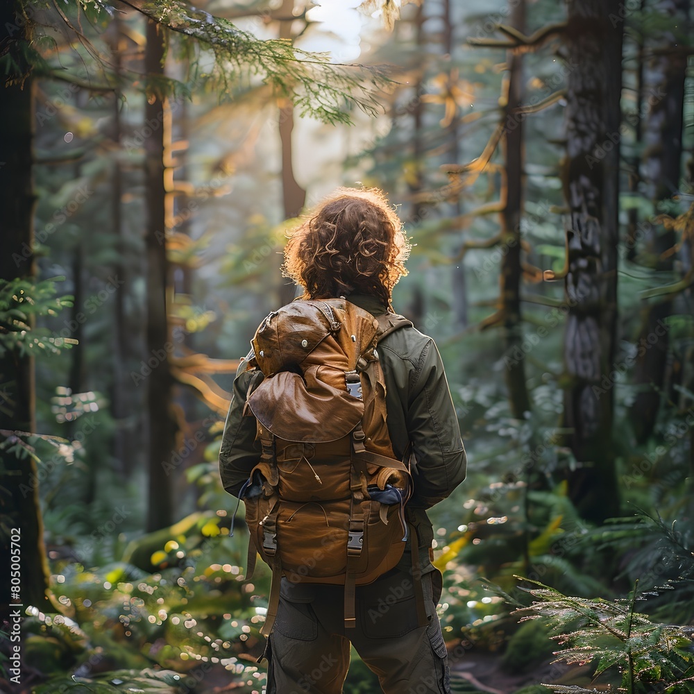 Backpacking Adventurer Exploring Lush Verdant Forest Bathed in Ethereal Sunlight