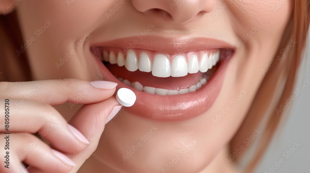 Fototapeta premium Close-up of Woman with Bright Smile Holding Pill Between Teeth. Health, Beauty Concept. Dental Care. Perfect Teeth. AI