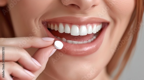 Close-up of Woman with Bright Smile Holding Pill Between Teeth. Health  Beauty Concept. Dental Care. Perfect Teeth. AI