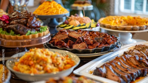 A close-up of a table overflowing with traditional Juneteenth dishes like barbeque, red velvet cake, and sweet potato pie
