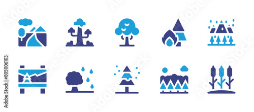 Forest icon set. Duotone color. Vector illustration. Containing swamp, tree, christmastree, scenery, river, sequoia, fire, naturereserve, billboard. photo