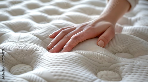 Close-up of a human hand touching a textured mattress. Simplicity and comfort. The moment of touch highlighted, conveying a sense of softness and quality sleep surfaces. Bedroom detail shot. AI