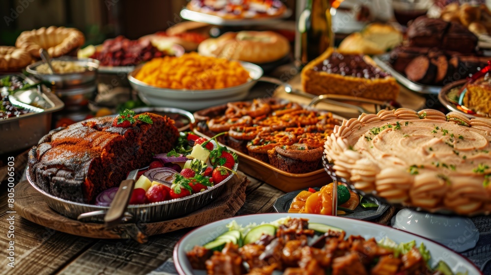 A close-up of a table overflowing with traditional Juneteenth dishes like barbeque, red velvet cake, and sweet potato pie A close-up of a table overflowing with traditional Juneteenth dishes like barbeque, red velvet cake, and sweet potato pie