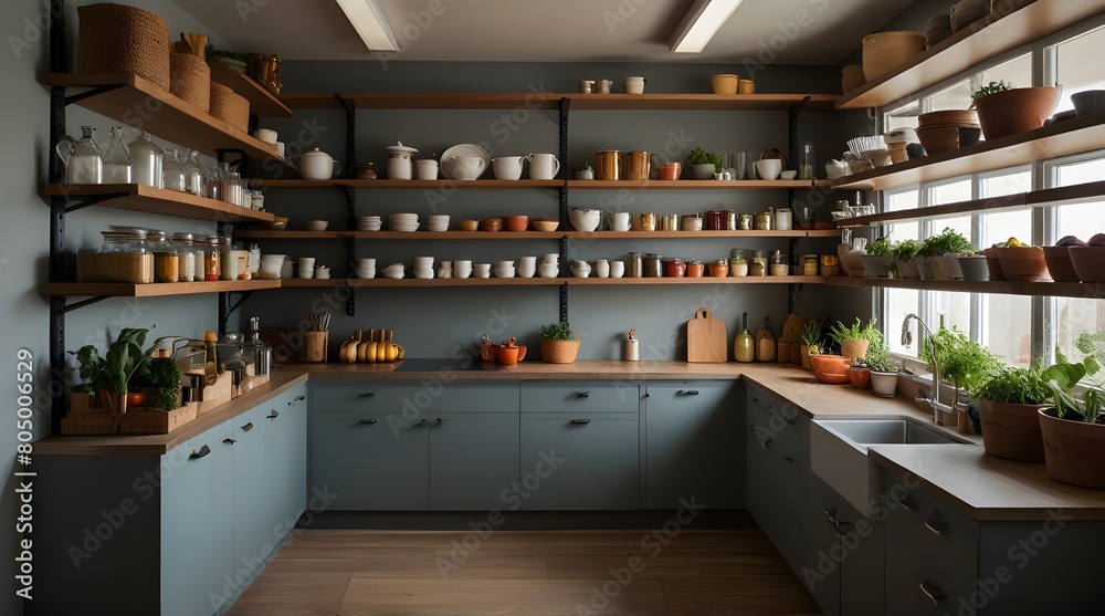 A Kitchen Filled With Abundant Food Shelves.generative.ai
