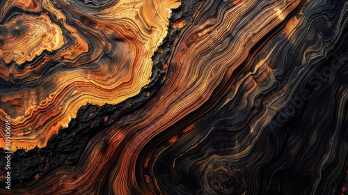 Vibrant wood grain details on a dark background © Khalif