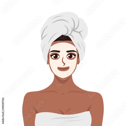 Applying a cosmetic mask on a face with problem skin. Beautiful young black woman with towel on head. Flat vector illustration isolated on white background