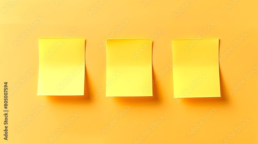 Three Yellow Sticky Notes on a Warm Orange Background for Organization and Reminders. Simple and Clean Design for Office Use. AI