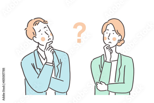 悩んでいるスーツを着た男女のイラスト