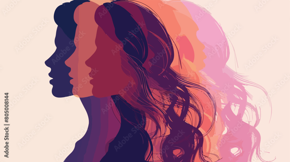 Silhouette color sections of woman with long wavy hairs