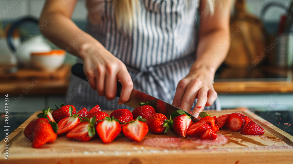 Woman cutting ripe strawberries at table in kitchen