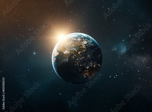 The background image features the Earth with the sun rising in the center  set against a backdrop of stars in a cinematic style. The Earth is depicted with vivid colors and dynamic lighting