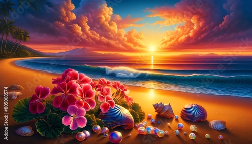 Fototapeta Naklejka Na Ścianę i Meble -   Watercolor painting of Geranium flowers on a beach at sunset