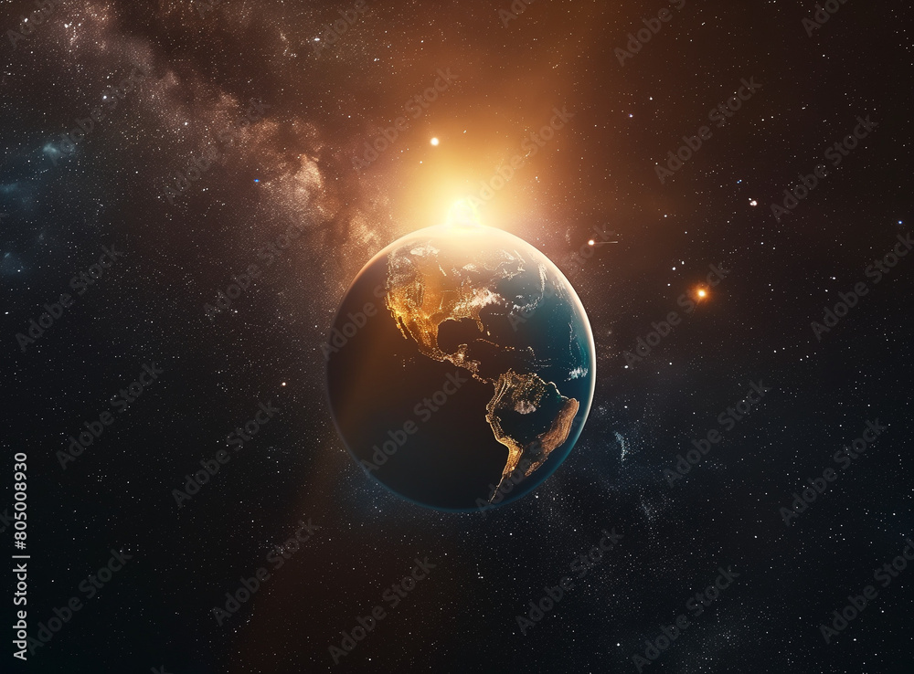 Fototapeta premium The background image features the Earth with the sun rising in the center, set against a backdrop of stars in a cinematic style. The Earth is depicted with vivid colors and dynamic lighting