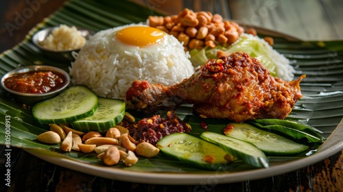 A steaming plate of fragrant nasi lemak (coconut rice) served with fried chicken, sambal, cucumber slices, a fried egg, and roasted peanuts. Capture the vibrant colors and textures on a banana leaf. photo