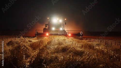 A robotic harvester with bright LED work lights operating efficiently in a field at night, showcasing its 24/7 harvesting capabilities photo