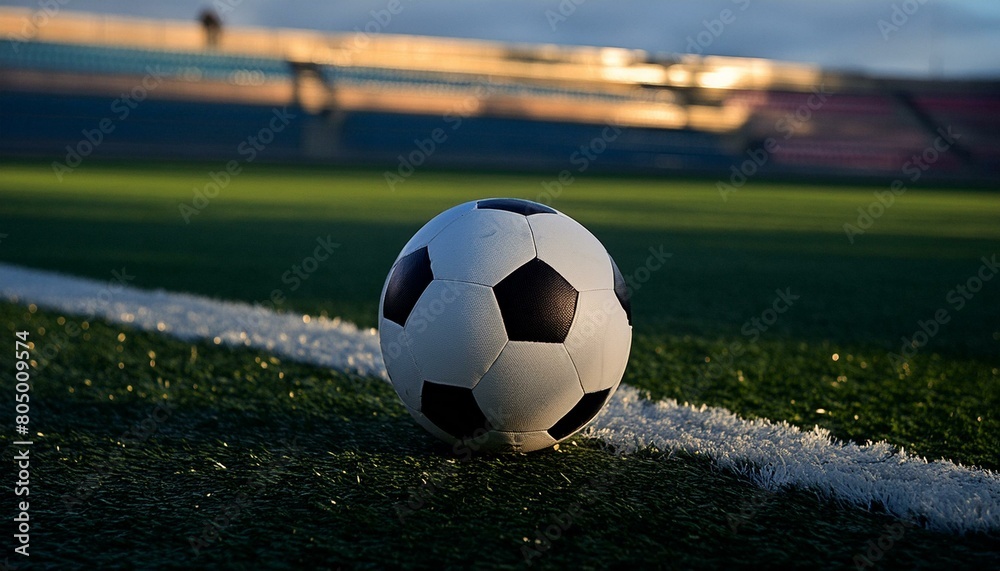 soccer ball positioned on the lush green grass of a football field, isolated against the backdrop of nature