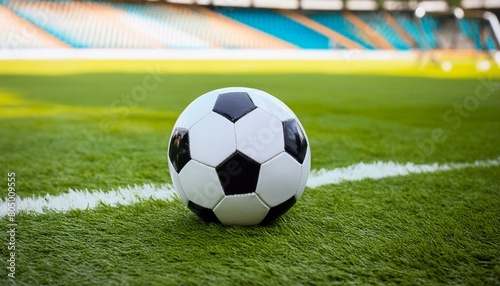 soccer ball positioned on the lush green grass of a football field, isolated against the backdrop of nature