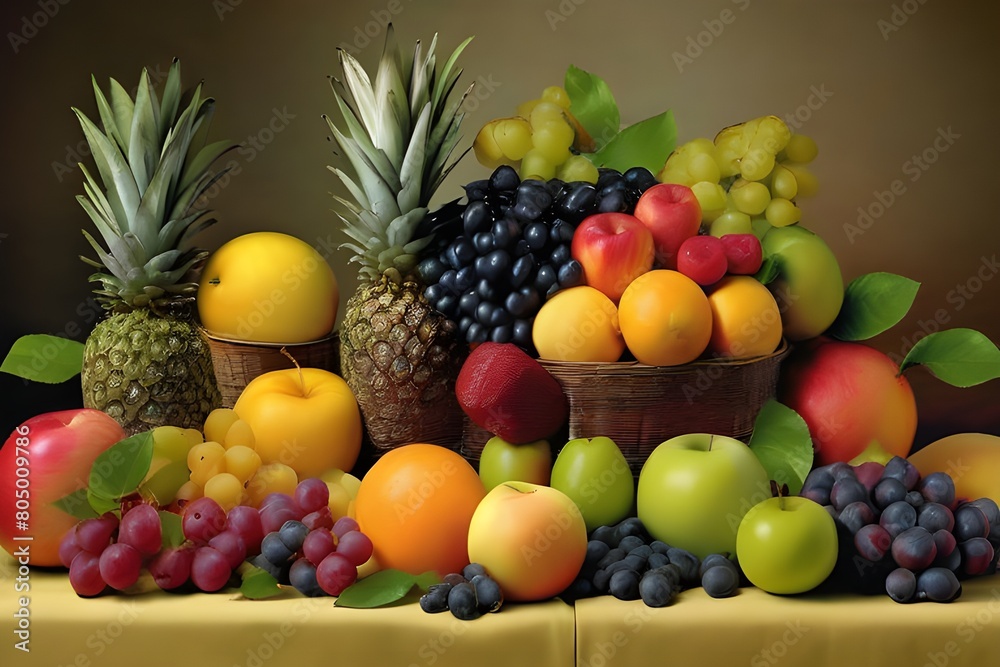 A colorful assortment of fruits neatly arranged on a white table.